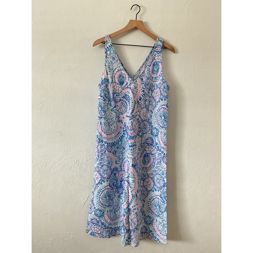 Lilly Pulitzer Florin Linen Dress Blue Grotto Commotion In The Ocean Size L - Picture 2 of 5